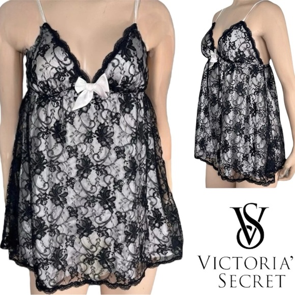 Victoria's Secret Other - Victorias Secret Babydoll Black Lace & Satin Cami Nightie & Panty Lingerie Set